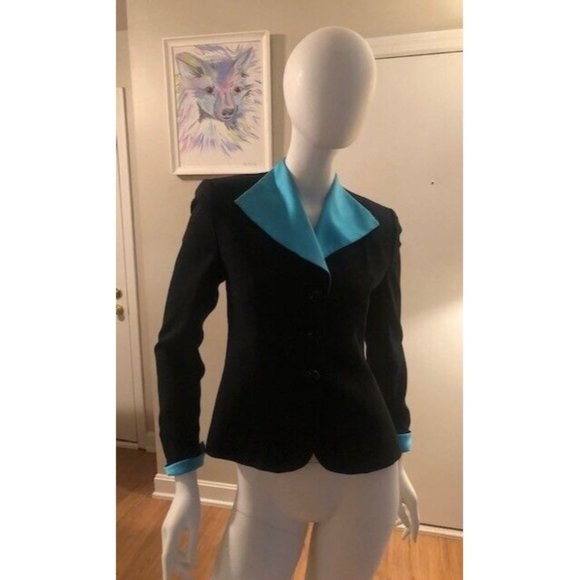 VINTAGE STUNNING CHRISTIAN DIOR BLACK & BLUE BLAZER SILK TRIM FRONT US SIZE 4P - Picture 1 of 11